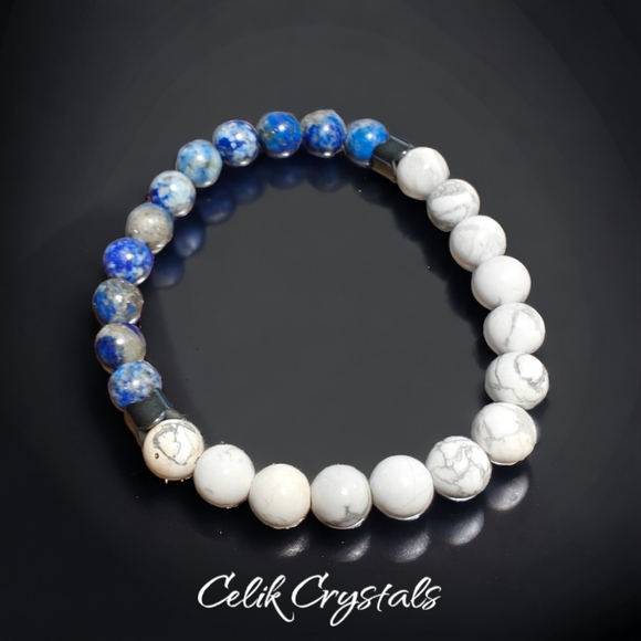 Lapis Lazuli & Howlite Bracelet Unisex Natural Stones 8mm - Picture 5 of 5